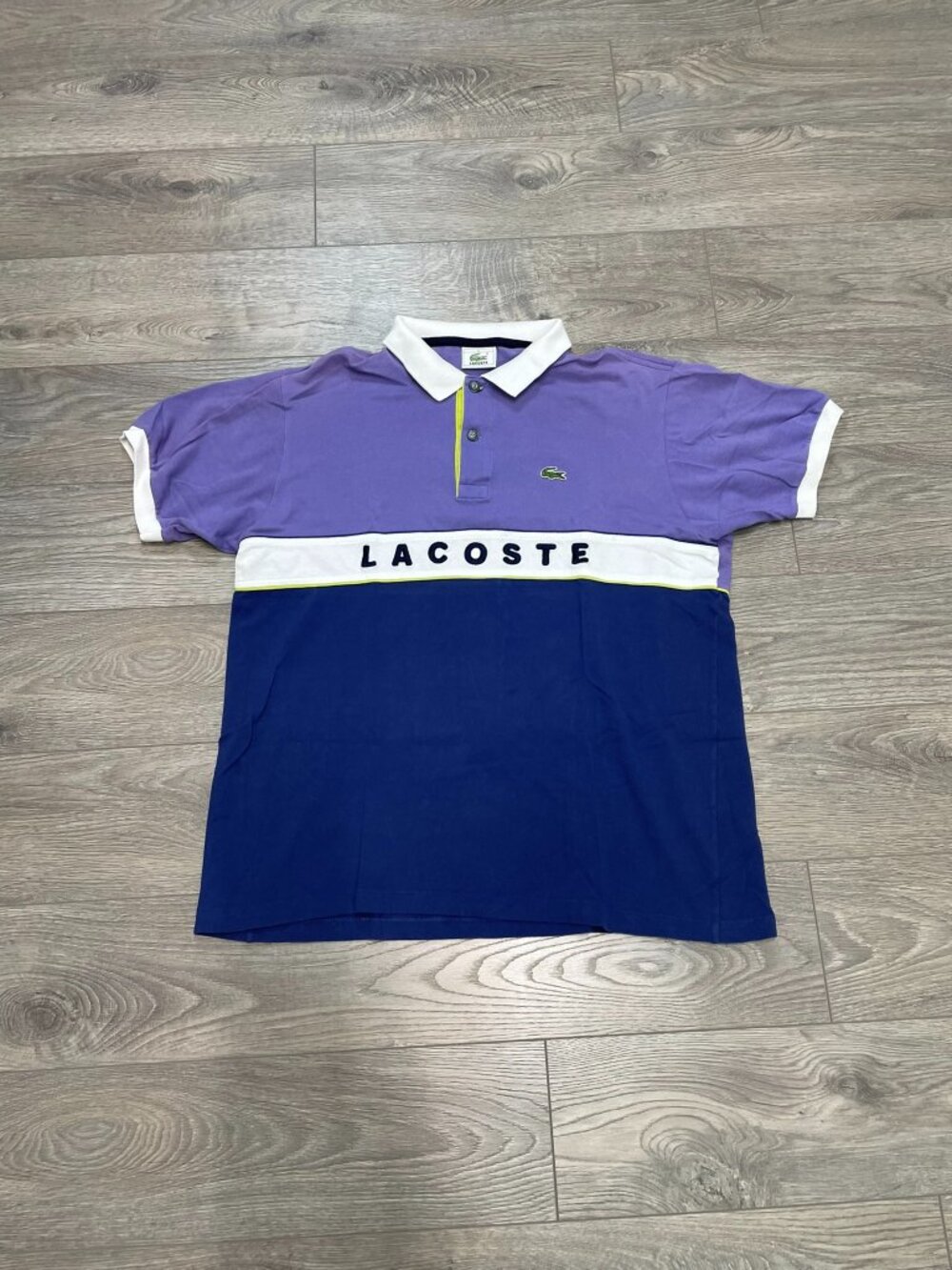 Vintage Lacoste Colorblock Polo Shirt Purple Blue White Spellout Size 6 L